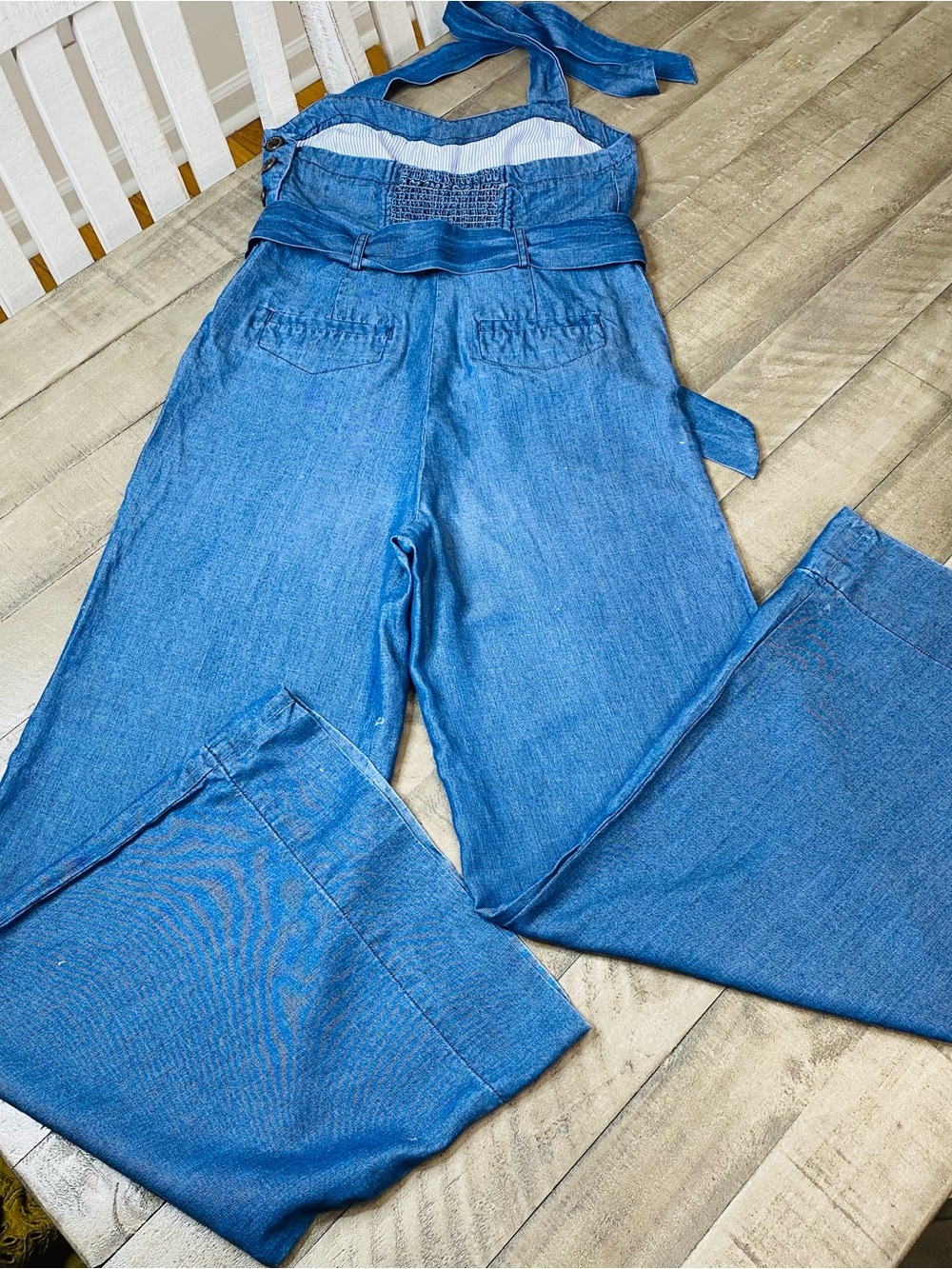 Anthropologie Elevenses Sharlene Denim Halter Jumpsuit Wide Leg Flare Size 6 - Picture 8 of 13